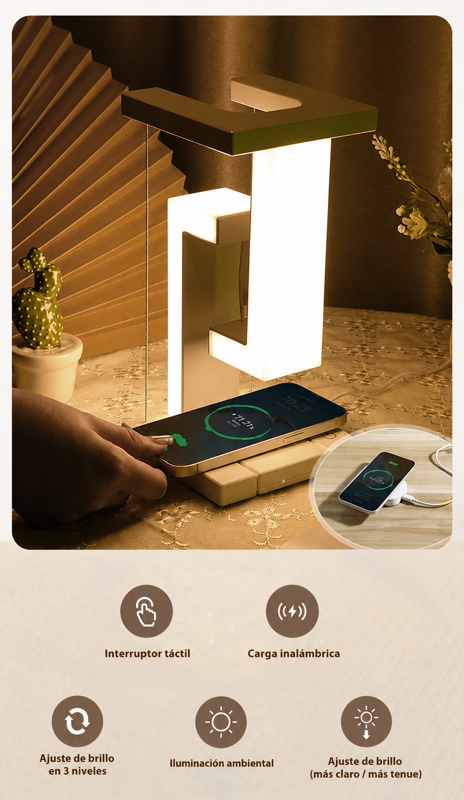 Lámpara de Mesa LED Creativa con Cargador Inalámbrico | Diseño Arquitectónico